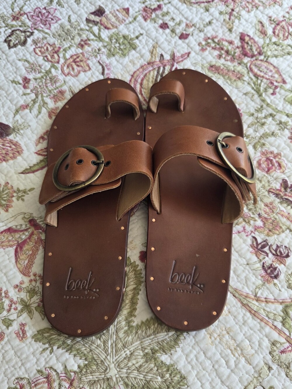 Beek By Two Birds Brown Leather Double-Strap Slide Sandals with Brass Ring